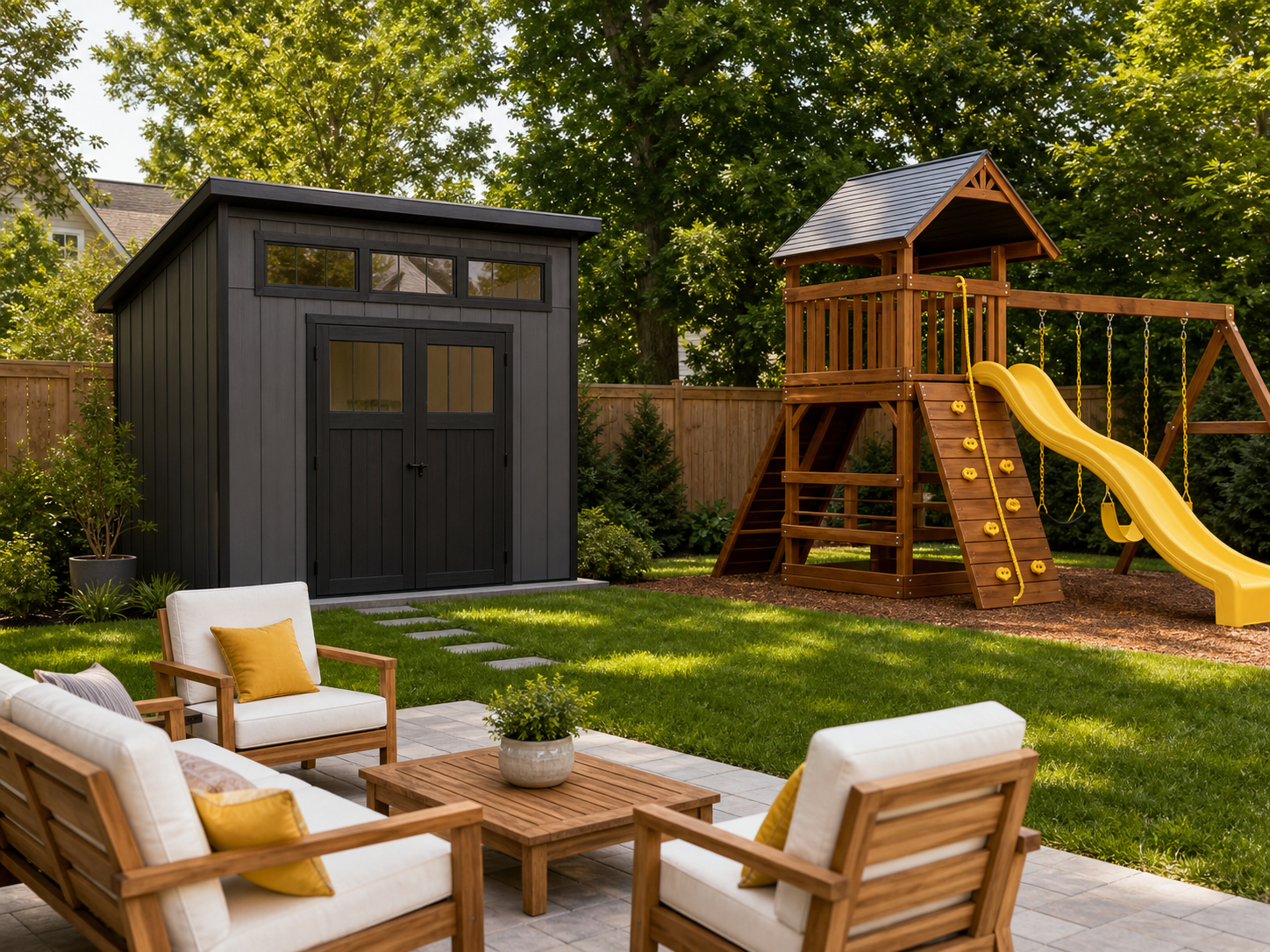 Backyard shed and playset assembly example